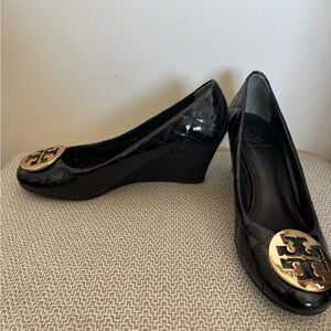 Tory Burch Black Quilted Patent Leather Wedge Pump